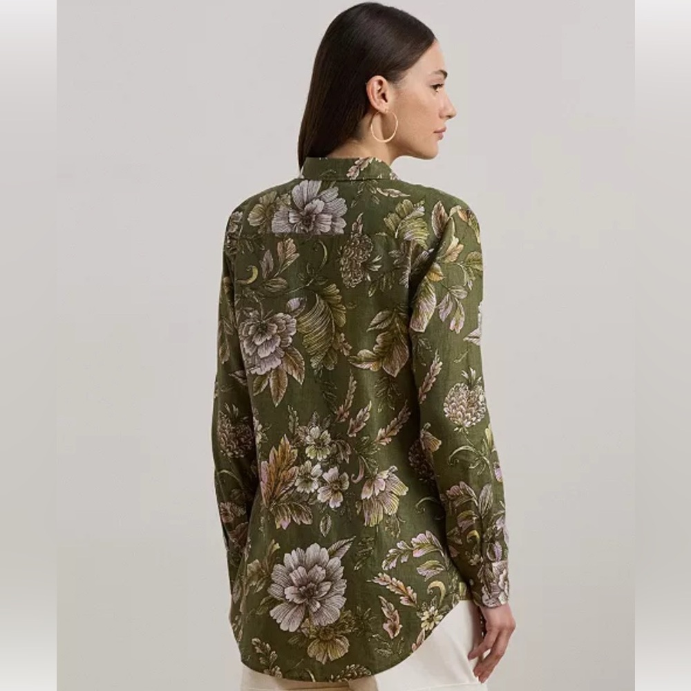 Lauren Ralph Lauren Linen Floral Blouse Olive Button Down Cottagecore XL - Picture 2 of 10